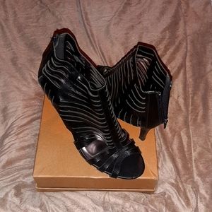 Black, faux leather, cage heels